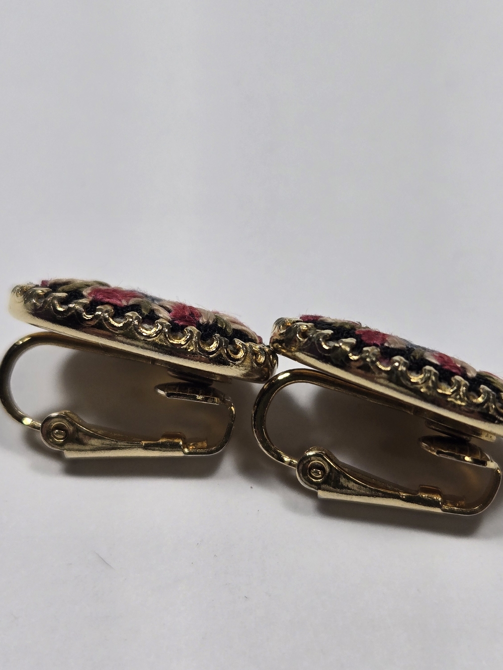 Vintage Petite Point Floral Embroidered Oval Clip On Earrings in Black and Gold - Picture 4 of 9